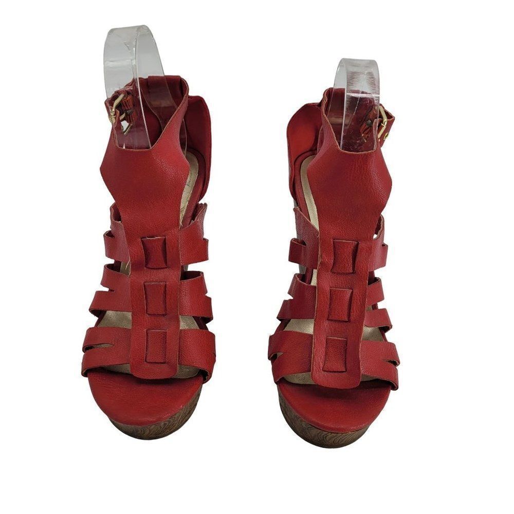 Y2K Guess Strappy Wedge Platform Sandals 8 Red Faux Vegan Leather Chunky Heels - Picture 12 of 15